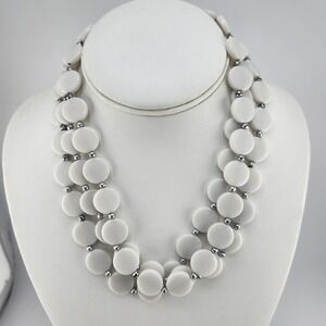 White Disc Bead Necklace Two Strand Silver Tone Accents Statement‎ Fashion